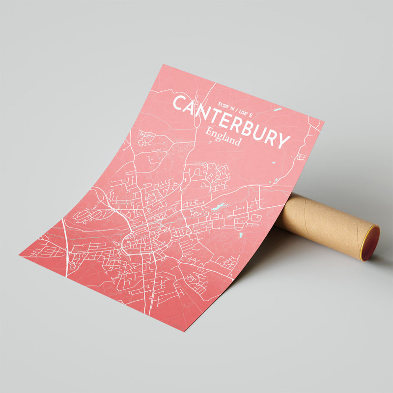 Canterbury City Map, impression, H 20 po x l 16 po x P 0,05 po, Rose / bleu pastel