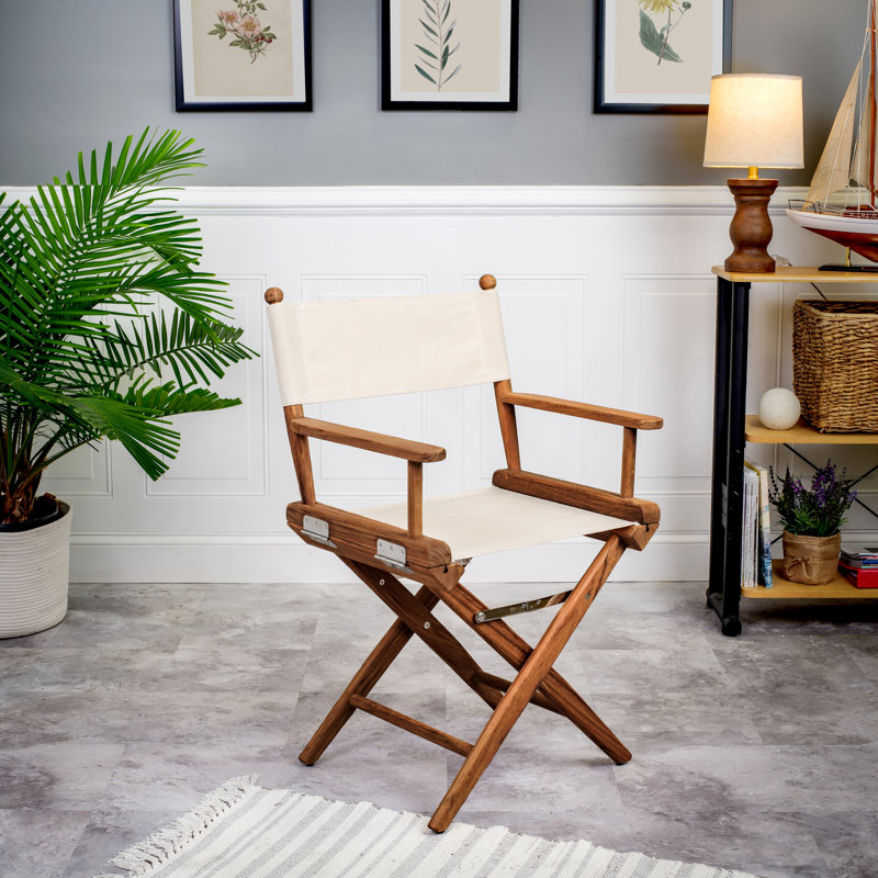 Chaise de réalisateur pliante en teck de qualité supérieure avec siège en tissu Sunbrella® Oyster, Linen