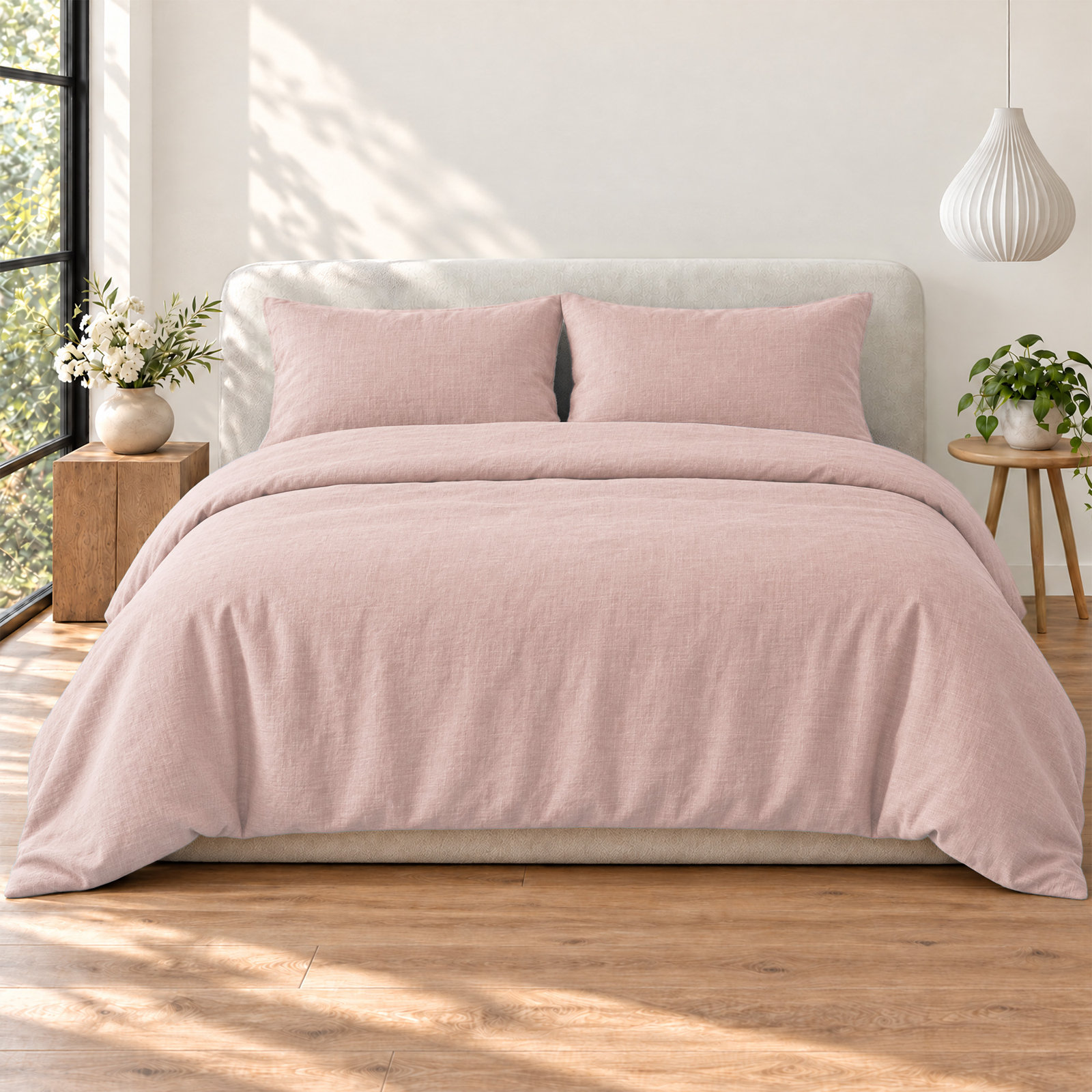 100% Flax Linen Solid Duvet Cover Set with Pillow Shams, King, Misty Rose