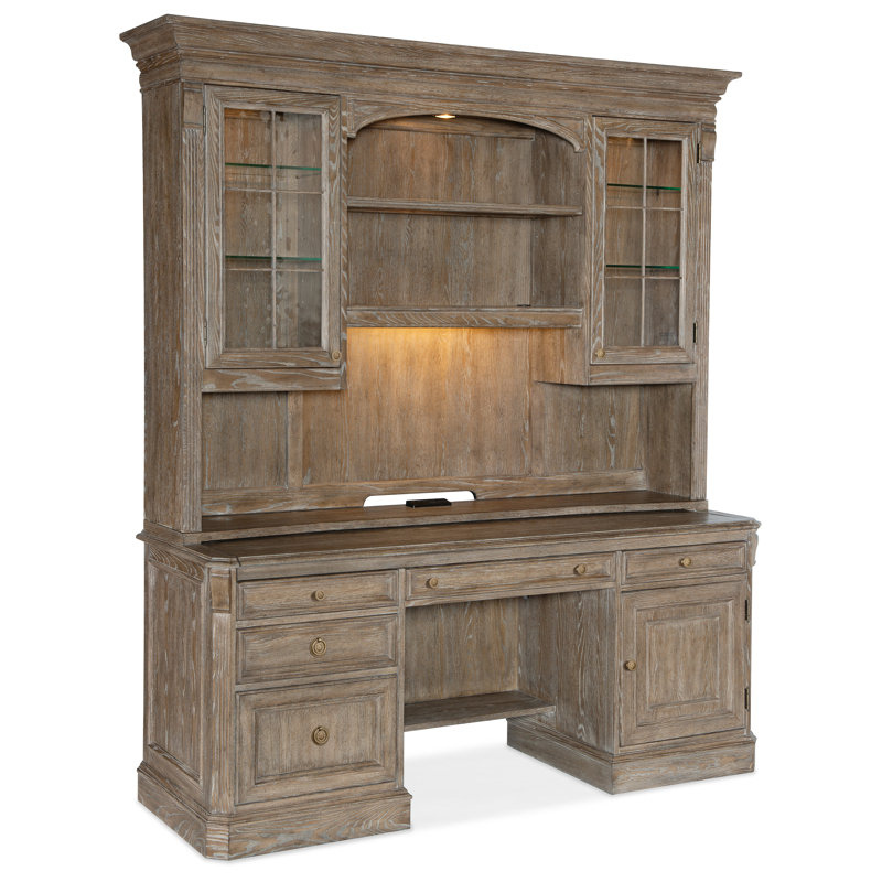 Lighted Oak Veneer China Cabinet with Glass Doors