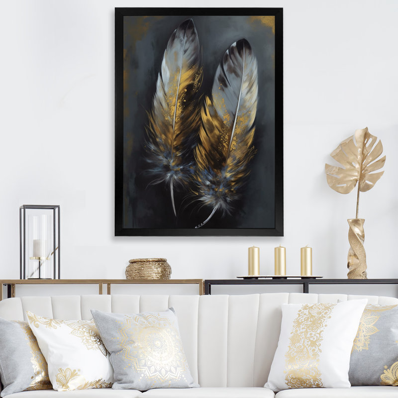 «Roumena Gold Boho Chic Feathers I», reproduction sur toile, Cadre photo noir, H 20 po x l 12 po x P 1 po