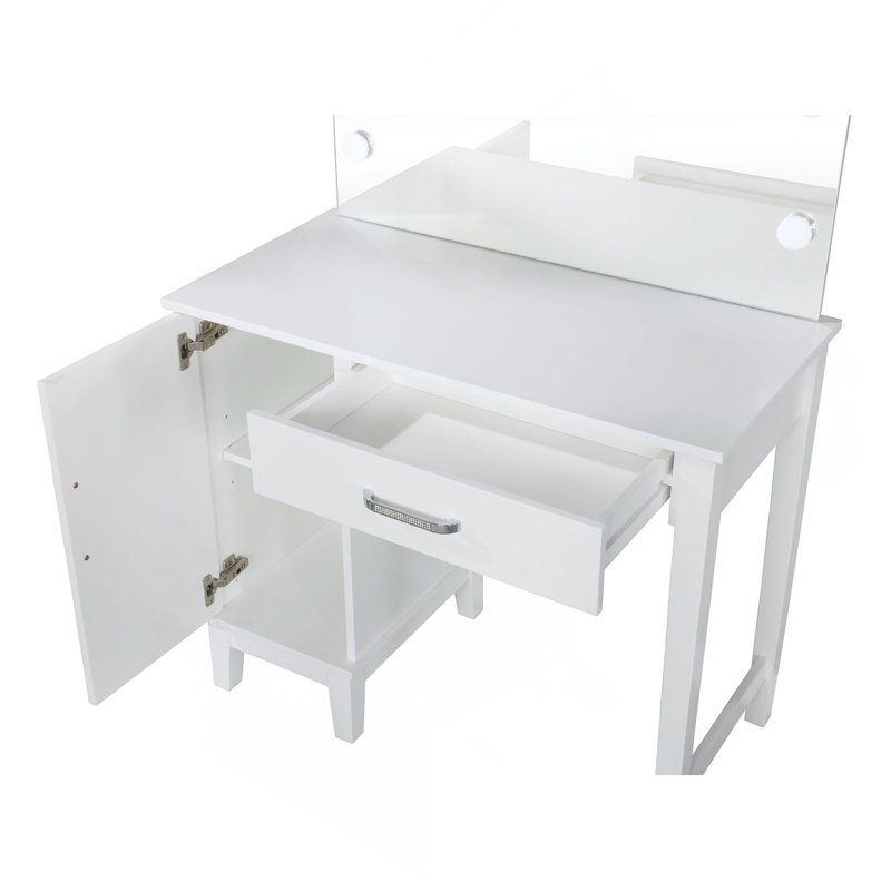 White And Dark Grey Vanity Set With Lighting And Stool