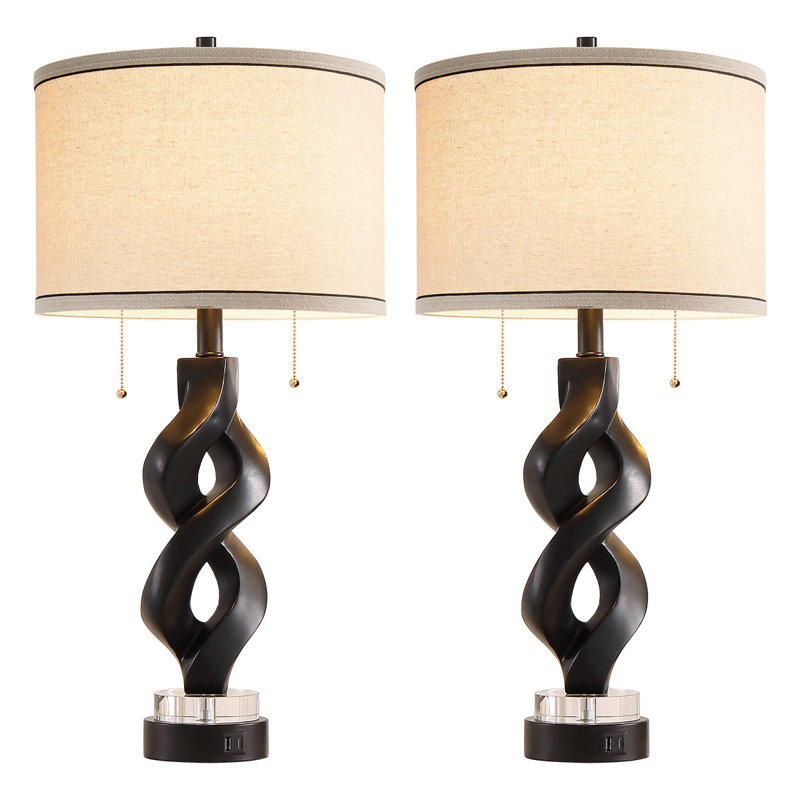 26.5''Modern Sculptural Table Lamps Set of 2 for Bedroom, Black Spiral Base with Crystal Accent, Bedside Nightstand Lamps with USB Charging Ports, Living Room Lighting