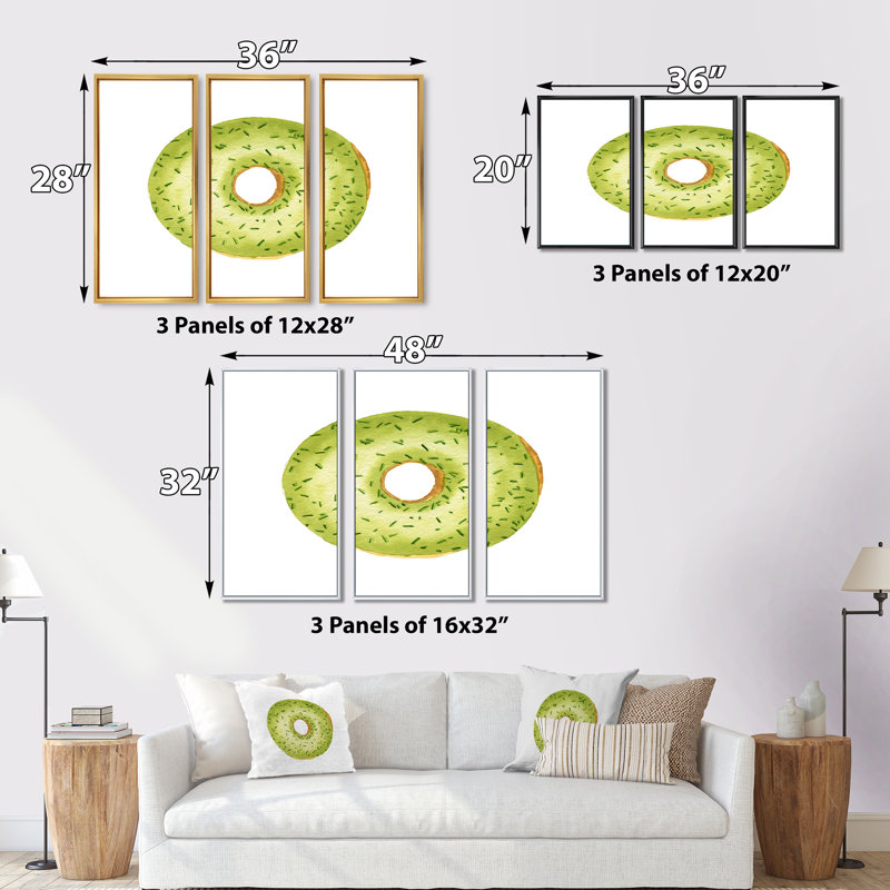Green Donut with Sprinkles On White - 3 pièces, impression sur toile, H 28 po x l 36 po, Cadre blanc