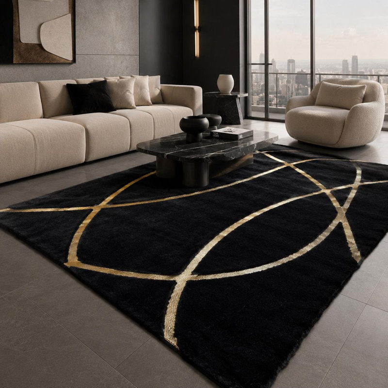 Tapis noir et noir à motif géométrique moelleux, tapis en fausse fourrure moderne, 6 x 9 pi
