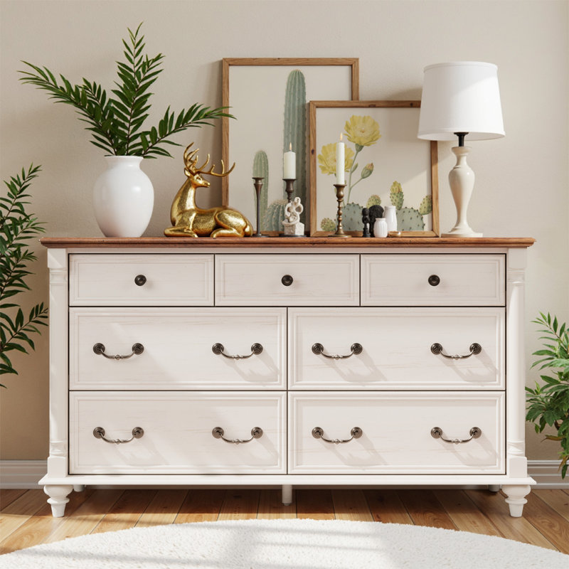 Commode à 7 tiroirs Farmhouse, commode rustique en bois avec 2 tiroirs pour chambre à coucher, salon, Blanc