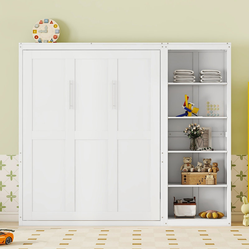 Murphy Bed with Convertible Bookcase, White, Queen