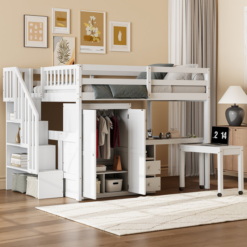Loft Bed With Stairs, Bookshelf, Drawers, Desk Wardrobe – Space-Saving Multifunctional Furniture For Kids Teens, White, Full