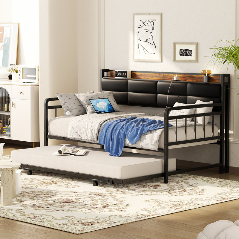 Lit de jour simple tapissier avec couchette et station de charge, Brun
