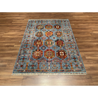 Original Hand Knotted Traditional Pattern Blue Wool and Cotton Rug