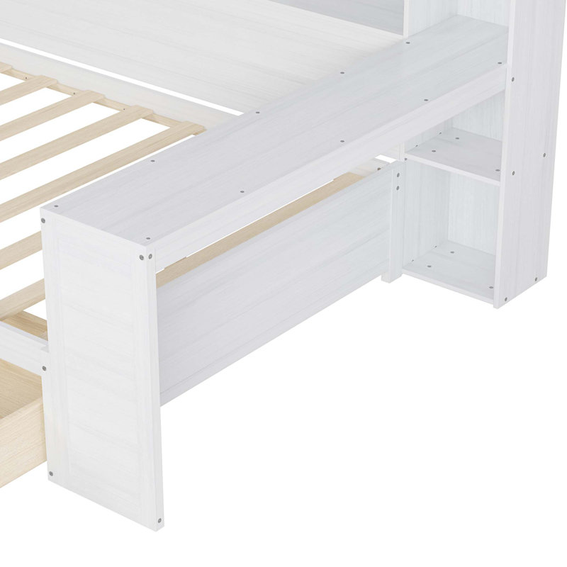 Wooden Daybed with Storage Shelves, Multi-functional Bed with Two Storage Drawers and Study Desk, Twin, Antique White