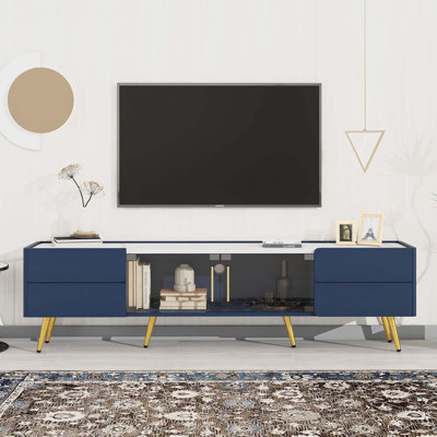 Meuble télé avec lumières DEL pour téléviseurs de 80 po ou moins, avec 4 tiroirs et 1 armoire avec porte vitrée