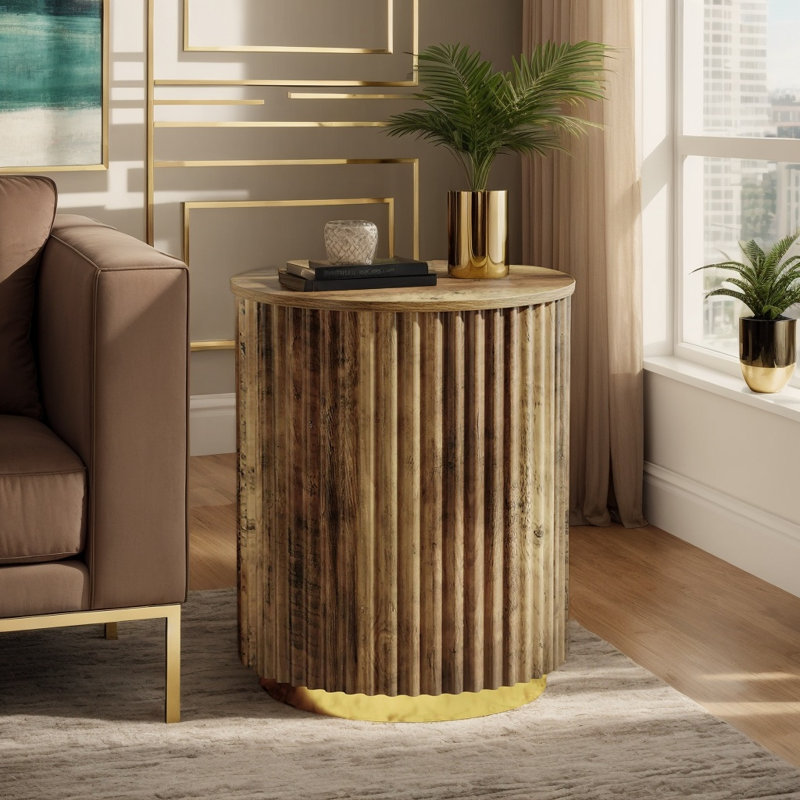 Petite table de bout ronde cannelée en bois, table de chevet d'appoint moderne pour le salon et la chambre à coucher