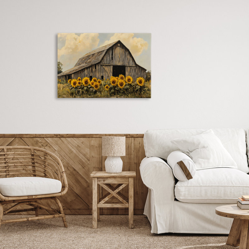 Grange sur toile de champ de tournesols, design par Franklyn Gregory, H 16 po x l 24 po
