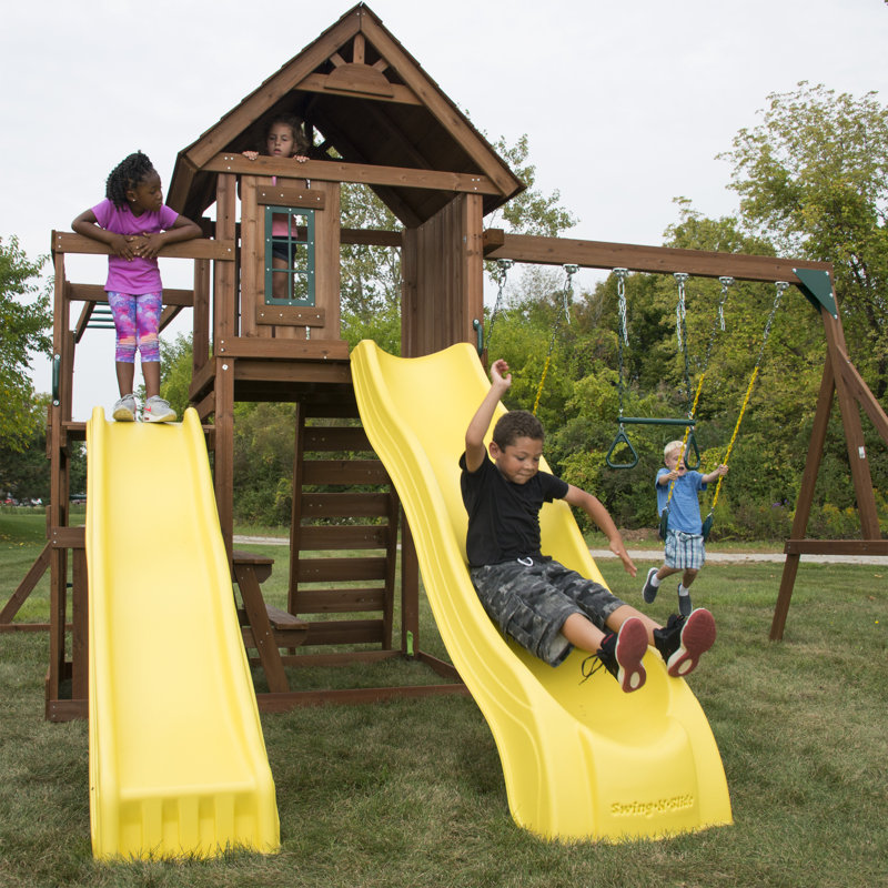 Castlebrook Large Wooden Play Swing Set with Slides and Clubhouse