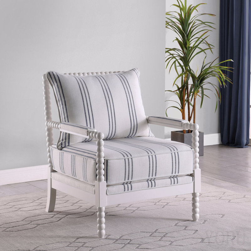 White And Navy Upholstered Stripe Accent Chair