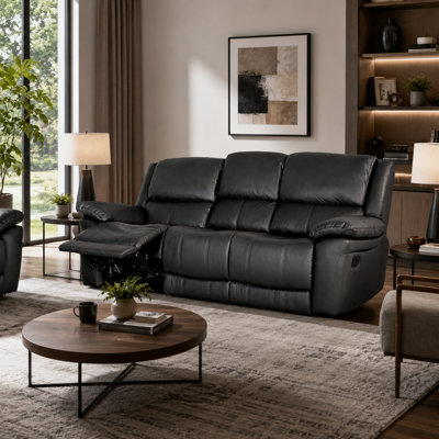 Larus Manual Motion Recliner Sofa, 3 Seater, Black Faux Leather 82 Inch