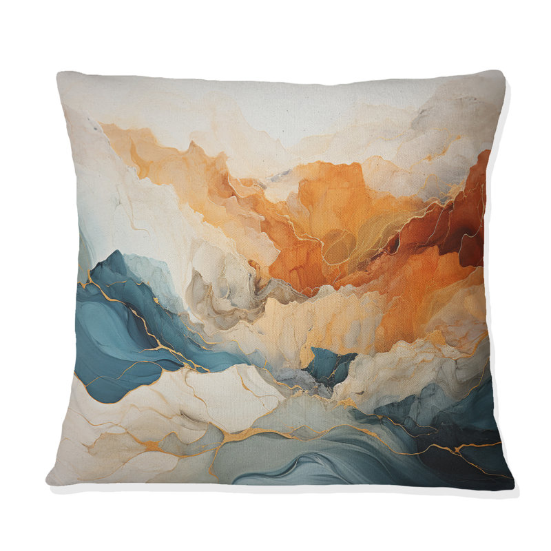 Coussin décoratif abstrait à imprimé abstrait orange et bleu River, 16" x 16"
