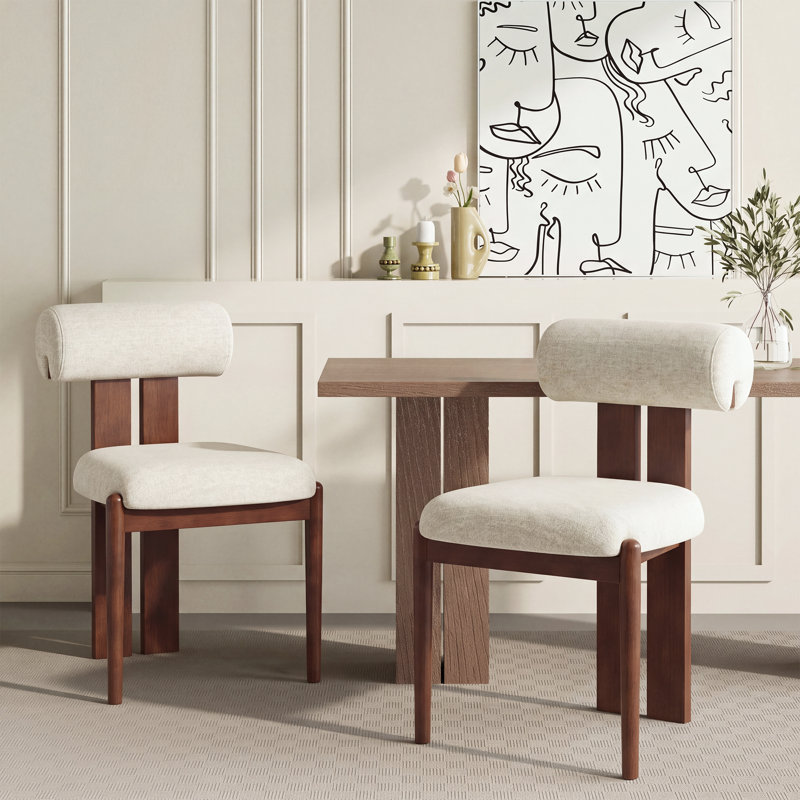 Modern Upholstered Dining Chairs with Rolled Back & Solid Wood Legs, Beige