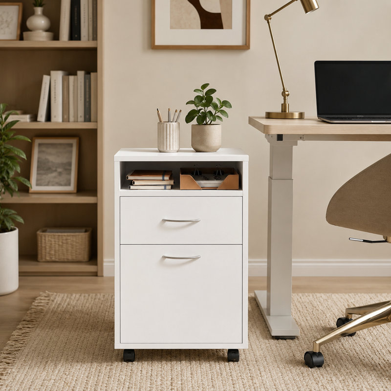 Armoire de rangement mobile blanche avec étagère de porte à tiroir et support à imprimante à roulettes verrouillable pour rangement sous le bureau