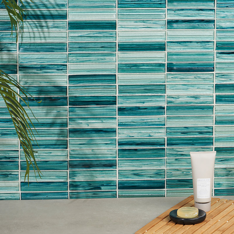 Tara Stacked 11.61" x 11.73" Molten Glass Mosaic Wall Tile (0.95 Sq. Ft. / Sheet), Turquoise