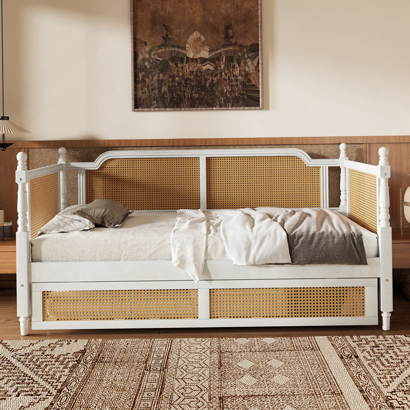 Lit de jour en rotin avec couchette, Lit simple, Blanc antique