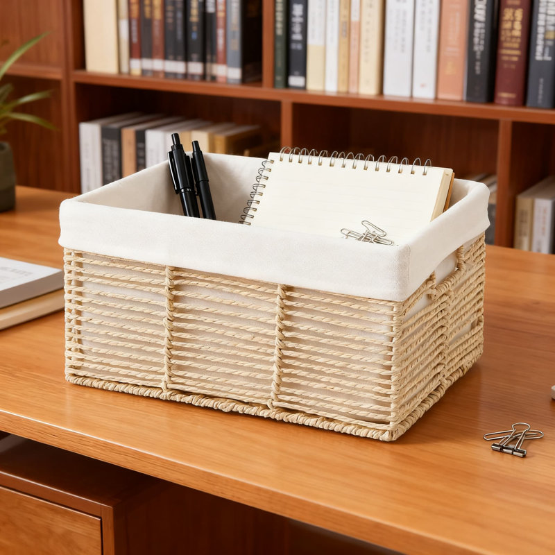 Woven Storage Baskets 6-Pack With Handles, Rectangular Organizer Bins For Closet, Shelf, Dresser, And Home Organization, Sturdy Paper Rope Construction