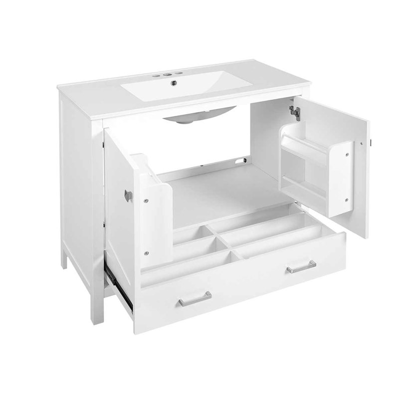 Meuble-lavabo moderne 36 "avec lavabo en céramique et tiroir divisé, Blanc