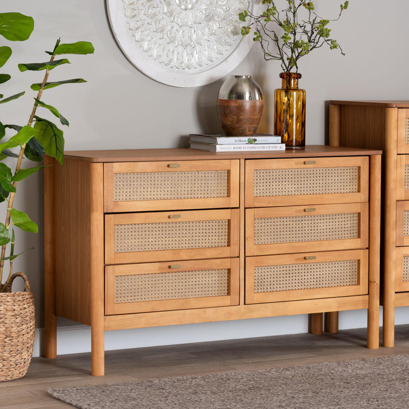 Betzayda Baxton Studio Jenn Golden Brown Wood Japandi 6-Drawer Dresser With Distressed-Finished Rattan
