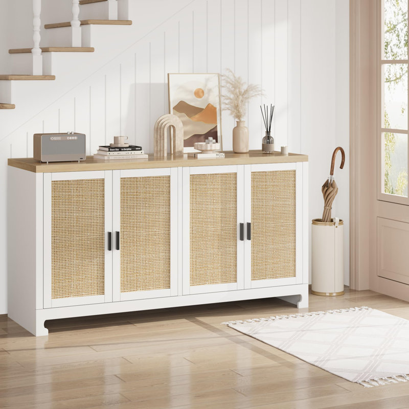 White and Natural Rattan 4-Door Buffet Cabinet with Shelf