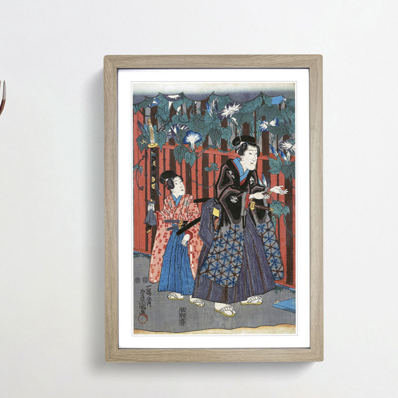 Admiring The Flowers by Utagawa Kunisada - Single Picture Frame Painting, 33cm H x 24cm W x 2cm D, Oak Framed