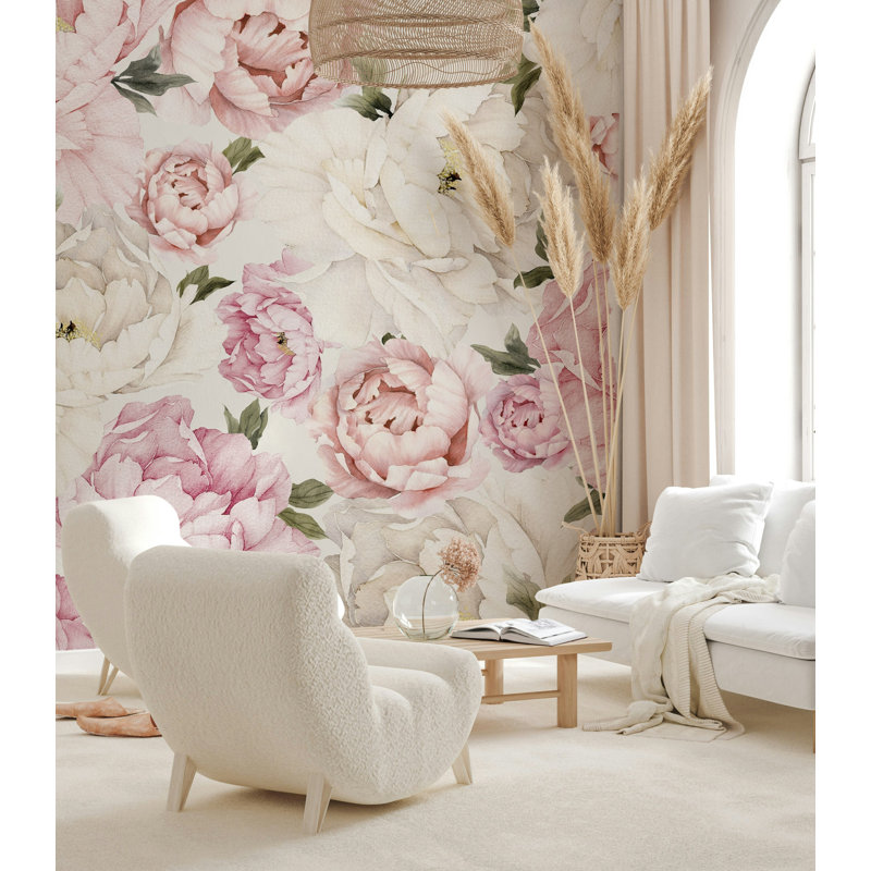 Papier peint floral rose doux et pivoine blanche, L 100 po x l 150 po