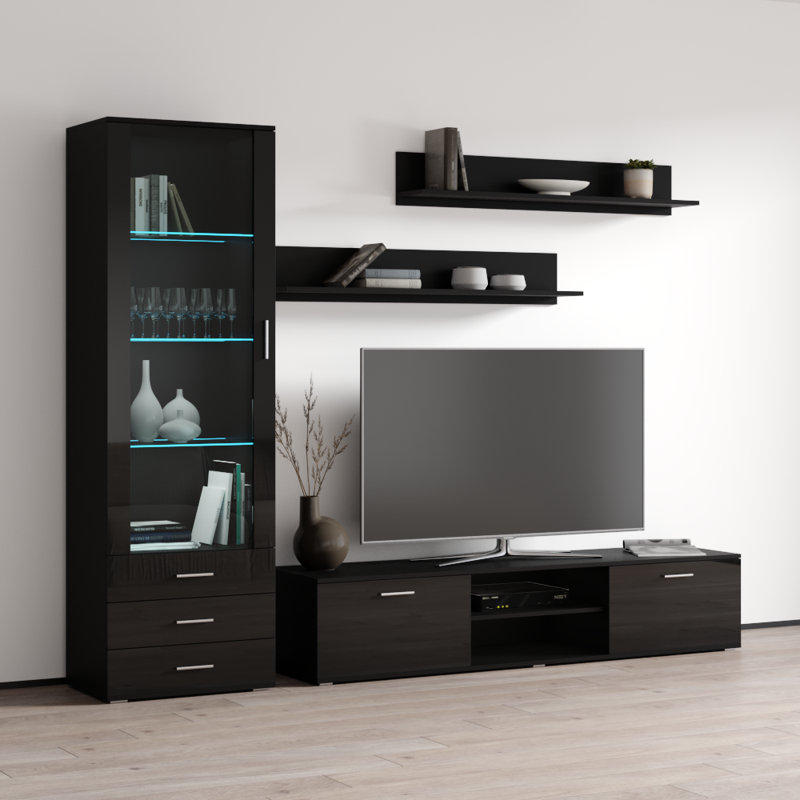Sabala 100" Modern Entertainment Center with 16-Color LED Lighting, High Gloss Finish, Media Storage, Black