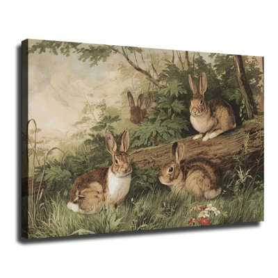 Vintage Engraving Wild Rabbits In Forest Foliage, Large Gallery Wrapped Canvas Wall Art Print For Living Room Bedroom