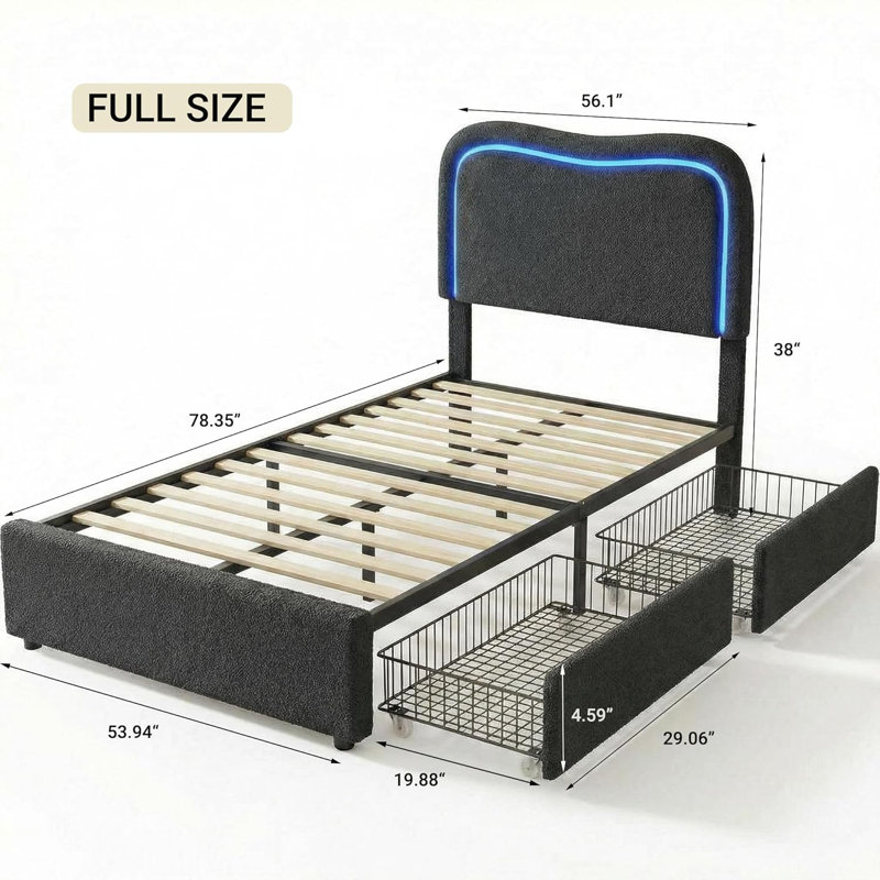 LED Full Bed Frame with 2 Drawers – RGB Smart Headboard & Sturdy Platform for Kids – Black Storage Bed with Wooden Slats, Noise-Free Design for Boys & Girls – No Box Spring Needed
