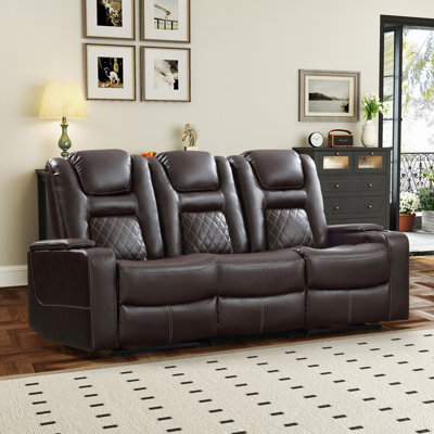 Buchu 82.68"Wide Modern Premium Leather Upholstery Power  Sofa Home Theater Seating With USB Ports & Cup Holders & Storage Compartment