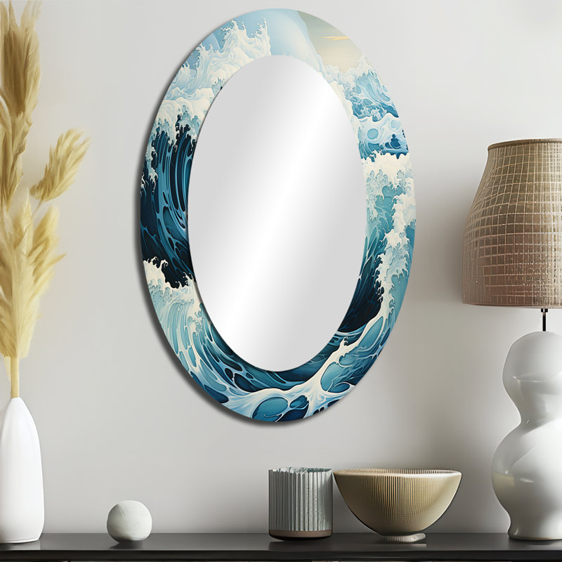 Teal White Ocean Oceanic Odyssey I - Teal Oval Wall Mirror Decor, 36" x 24"