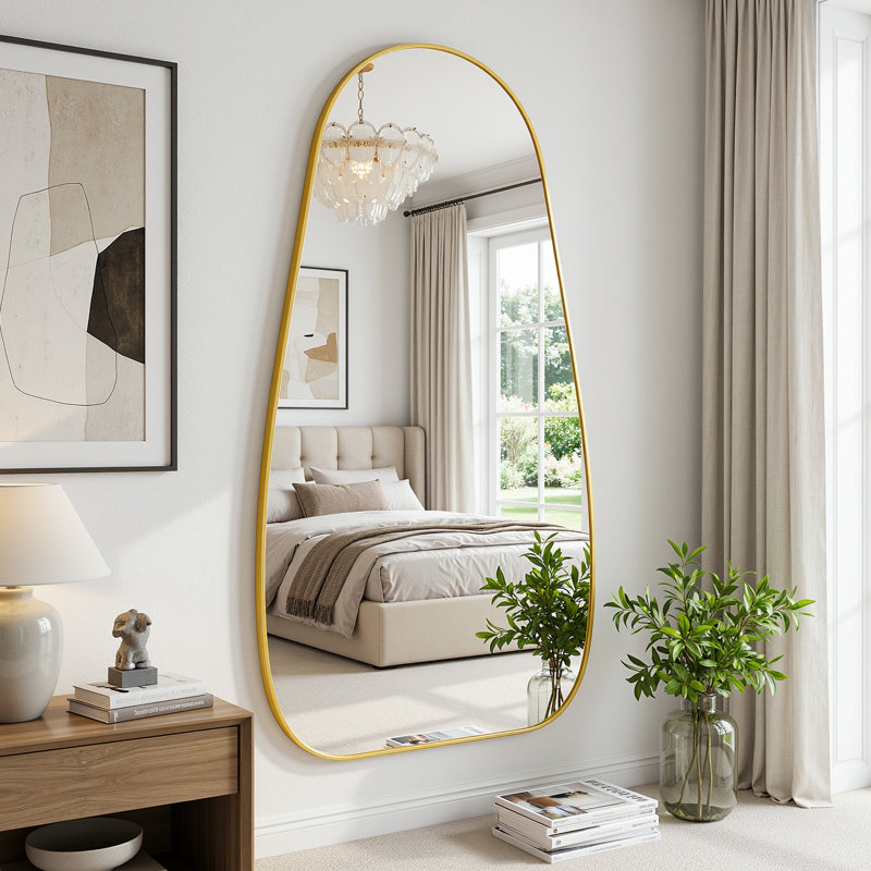 Full Length Mirror, Tear Drop Style Floor Mirror with Stand,Standing Hanging Leaning Irregular Mirrors, Gold, 26" x 69"