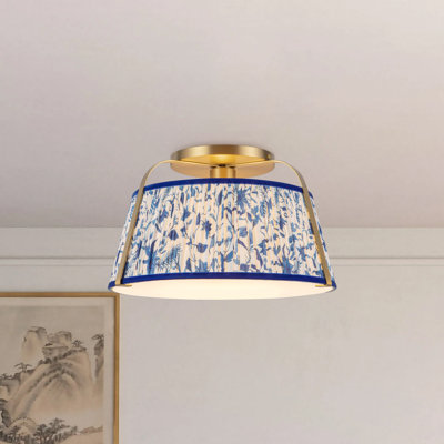 Scout 13-in Brushed Gold Semi-Flush Mount with Patterned Pleated Blue Linen Shade