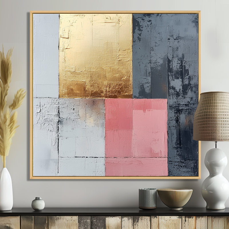 Motif géométrique abstrait géométrique doré rose et gris - forme abstraite, Impression encadrée flottante, Crème