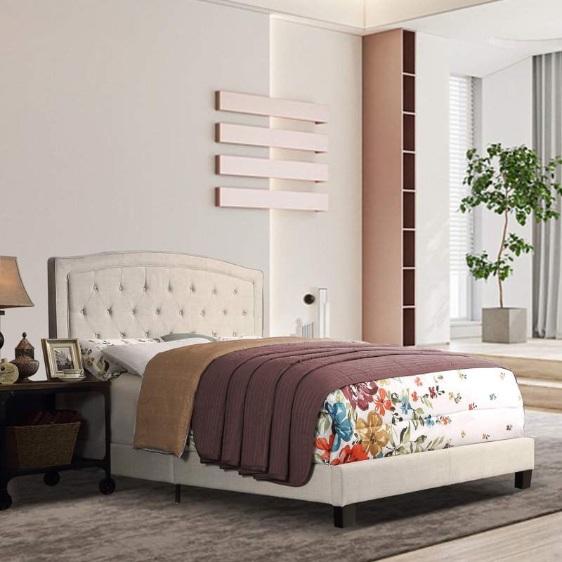 Lit tapissier rembourré avec tête de lit à hauteur ajustable, Beige, Très grand lit