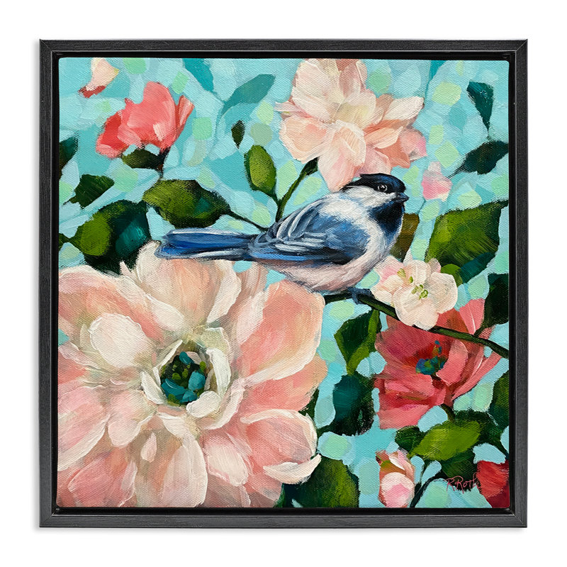 "Blue Bird & Bold Flowers", art mural encadré par Raquel Roth, H 25 po x l 25 po, Cadre flottant noir de jais