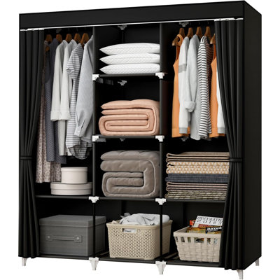 Penderie portative, garde-robe de 51 po pour suspendre les vêtements avec 2 tringles, 8 tablettes de rangement pour la chambre à coucher, durables et faciles à assembler, noir