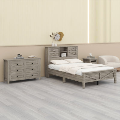3-Pieces Bedroom Sets Farmhouse Platform Bed With Double Sliding Door Storage Headboard And Charging Station, Storage Nightstand And Dresser