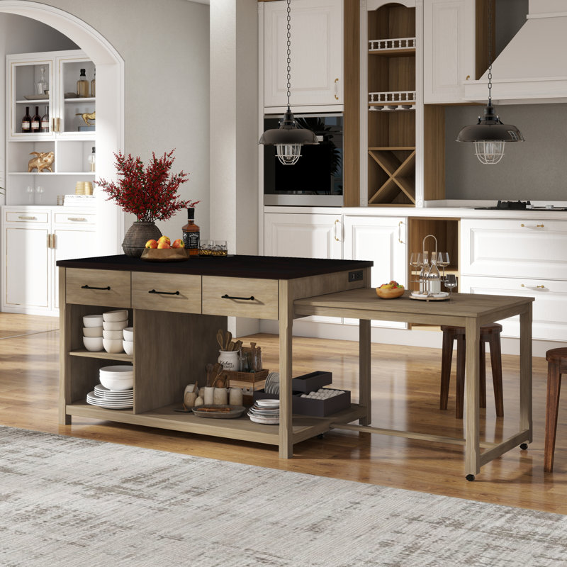 Trexm Expandable Kitchen Island With Storage And Built-in Power Outlets | Retro Multi-functional Cart On Wheels With Drawers And Shelves