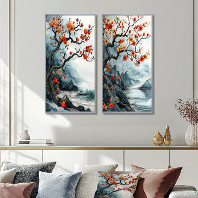 «Blue Cherry Blossom Branch In China I», ensemble d'art mural 2 pièces