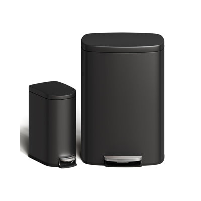  Stainless Steel Trash Can Combo Set – 13.2 Gallon Kitchen & 2.6 Gallon Bathroom Step-On Bins – Rustproof, Odor Control, Removable Buckets, Soft-Close Lids, Space-Saving Design, Black