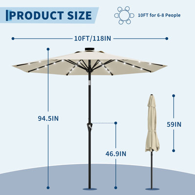 Parasol de patio extérieur 10 pi, parasol de table avec lumières solaires, 8 nervures robustes, protection contre les rayons UV pour le jardin et la piscine