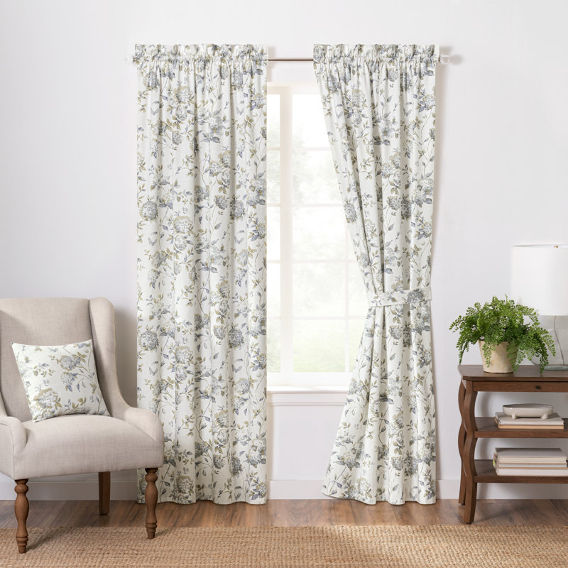 Erie Floral Semi-Sheer Cotton Blend Rod Pocket Curtain Panel, Porcelain, 41" W x 84" L