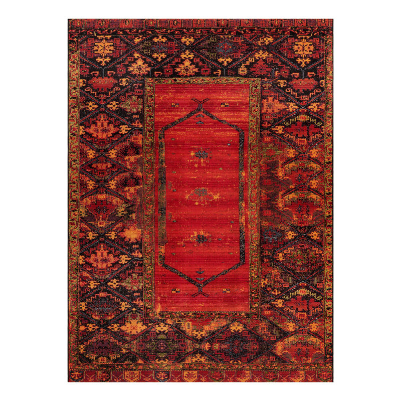 Gurrola Oriental Red/Yellow/Black Indoor/Outdoor Area Rug, Rectangle 3'3" x 5'3"